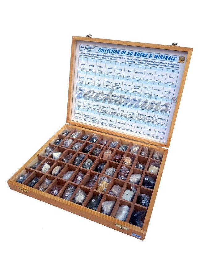 Rocksmins Collection of 50 Rocks & Minerals RM50WB in Wooden Box Set Big 50 Handpicked Rock and Mineral Specimen for Education of Geology Earth Science Kits & ideal Study of Earth Science Stones