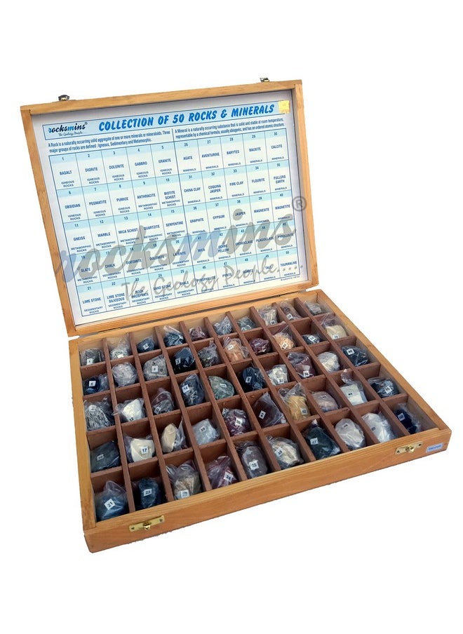 Rocksmins Collection of 50 Rocks & Minerals RM50WB in Wooden Box Set Big 50 Handpicked Rock and Mineral Specimen for Education of Geology Earth Science Kits & ideal Study of Earth Science Stones