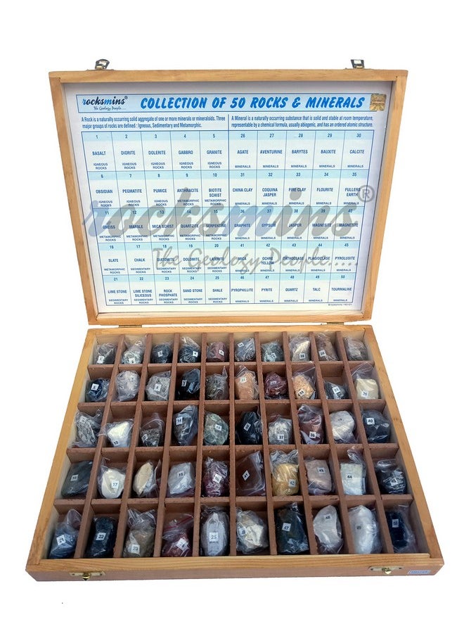 Rocksmins Collection of 50 Rocks & Minerals RM50WB in Wooden Box Set Big 50 Handpicked Rock and Mineral Specimen for Education of Geology Earth Science Kits & ideal Study of Earth Science Stones