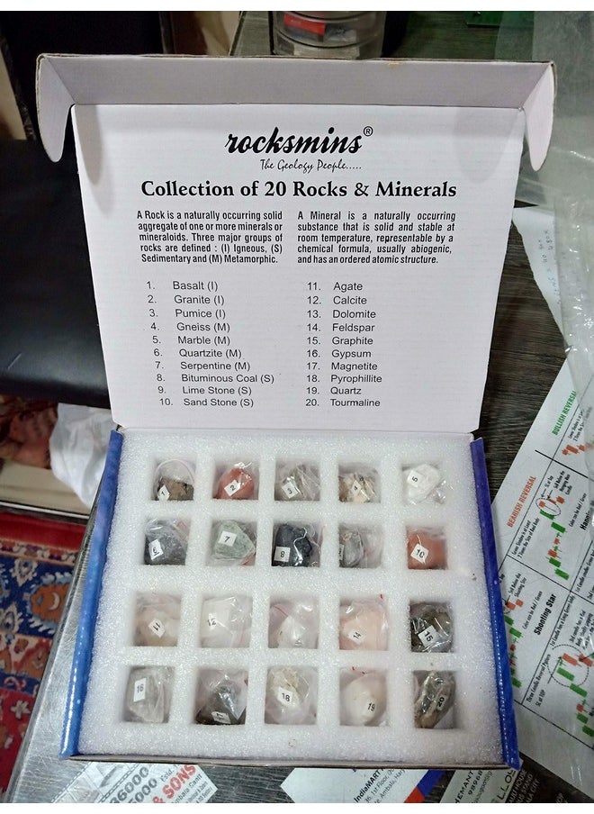 Rocksmins Set of 20 Handpicked Rocks & Minerals Specimens in a Storage Tray which is in a Beautiful Colour Box (10 Rocks + 10 Minerals) Rock and Mineral for School Education Rock Mineral Science Kit