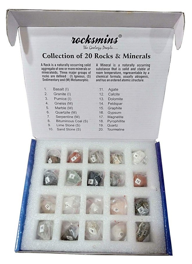 Rocksmins Set of 20 Handpicked Rocks & Minerals Specimens in a Storage Tray which is in a Beautiful Colour Box (10 Rocks + 10 Minerals) Rock and Mineral for School Education Rock Mineral Science Kit