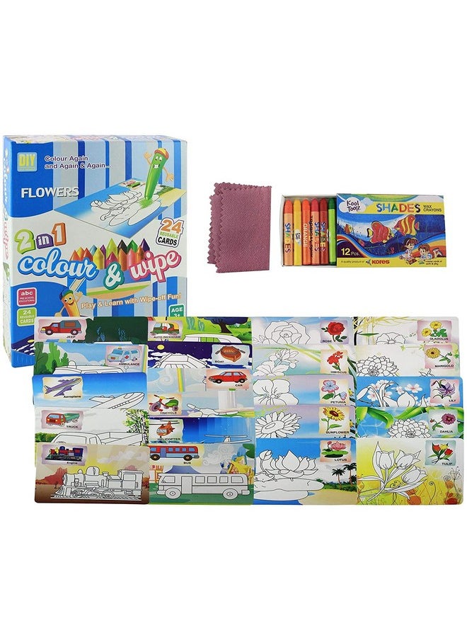 FunBlast Color & Wipe Kit - 24 Design Flower & Transport Reusable Cards, Preschool Coloring Kit for 3+ Years Toddlers/Kids (Multicolor)