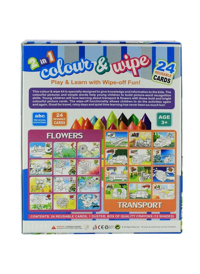 FunBlast Color & Wipe Kit - 24 Design Flower & Transport Reusable Cards, Preschool Coloring Kit for 3+ Years Toddlers/Kids (Multicolor)