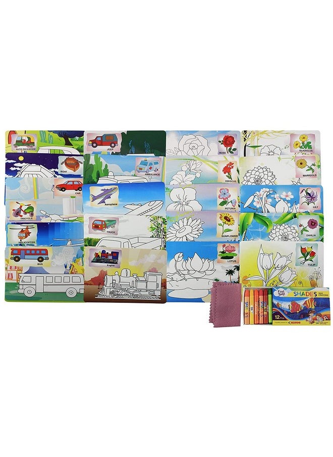 FunBlast Color & Wipe Kit - 24 Design Flower & Transport Reusable Cards, Preschool Coloring Kit for 3+ Years Toddlers/Kids (Multicolor)