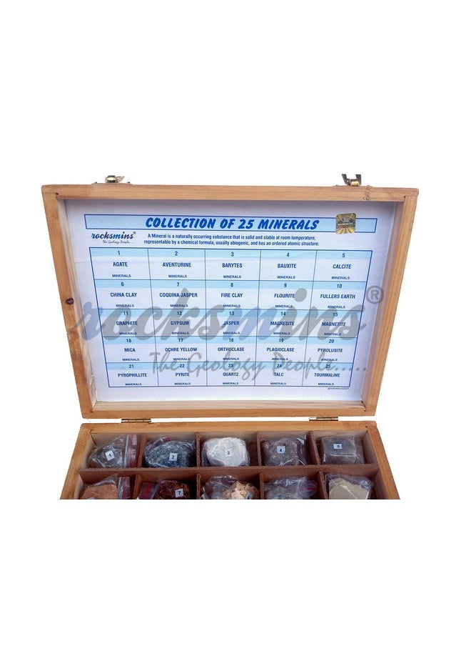 Rocksmins Collection of 25 Minerals in Wooden Box MI25WB a Set of 25 Big Mineral Specimen for Students School College Education Rocks Geology Kits Ideal Study Earth Science & Stones
