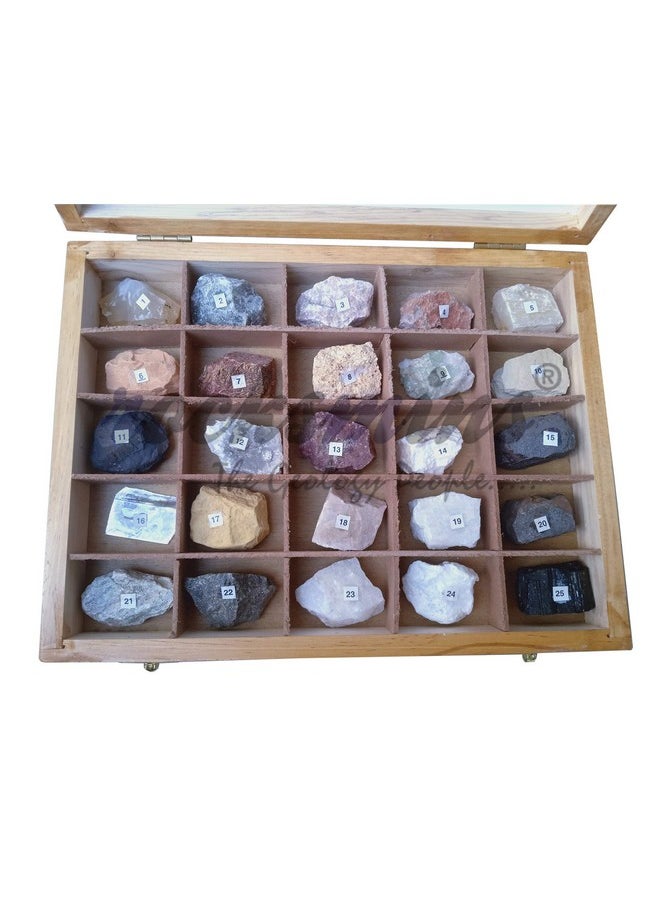 Rocksmins Collection of 25 Minerals in Wooden Box MI25WB a Set of 25 Big Mineral Specimen for Students School College Education Rocks Geology Kits Ideal Study Earth Science & Stones