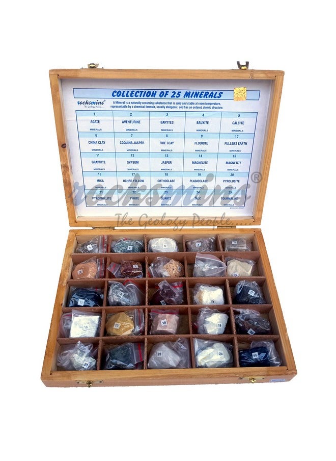 Rocksmins Collection of 25 Minerals in Wooden Box MI25WB a Set of 25 Big Mineral Specimen for Students School College Education Rocks Geology Kits Ideal Study Earth Science & Stones