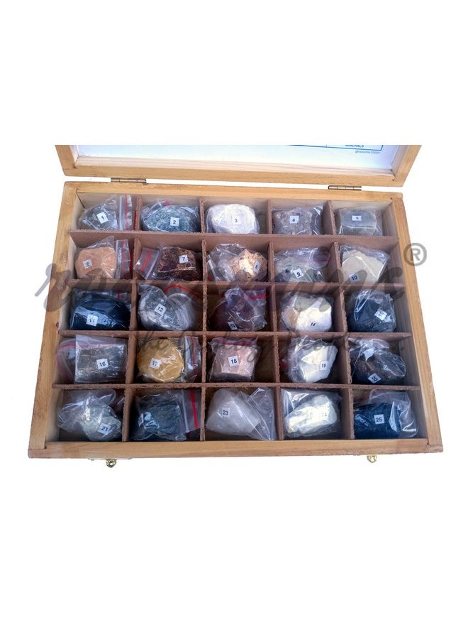 Rocksmins Collection of 25 Minerals in Wooden Box MI25WB a Set of 25 Big Mineral Specimen for Students School College Education Rocks Geology Kits Ideal Study Earth Science & Stones