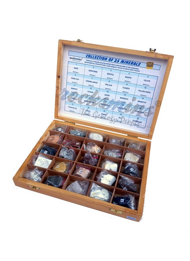 Rocksmins Collection of 25 Minerals in Wooden Box MI25WB a Set of 25 Big Mineral Specimen for Students School College Education Rocks Geology Kits Ideal Study Earth Science & Stones