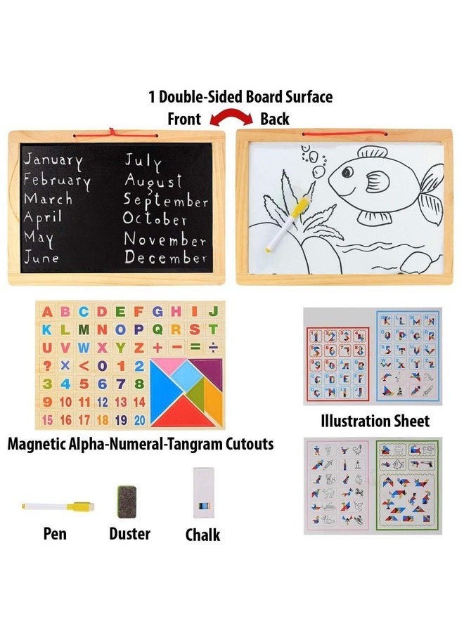 FunBlast Magnetic Double Sided White & Black Wooden Board with Tangram,Letters & Numbers (Size: 37 X 27 CM (Big))