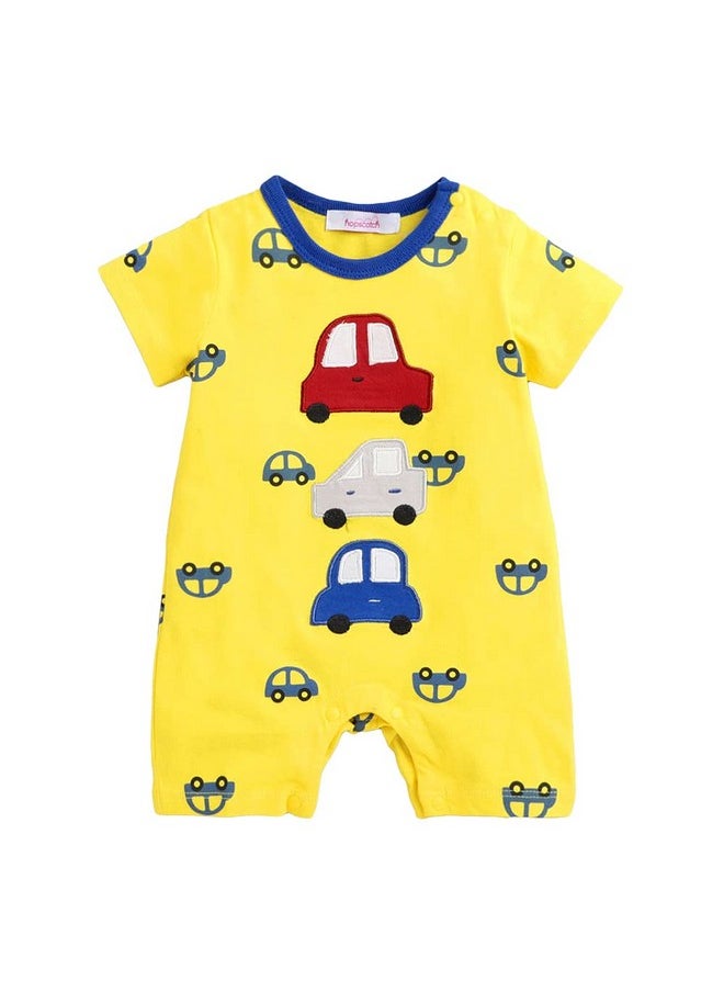 Hopscotch Unisex Vehicle Print Romper In Yellow Color for Ages 6-9 Months