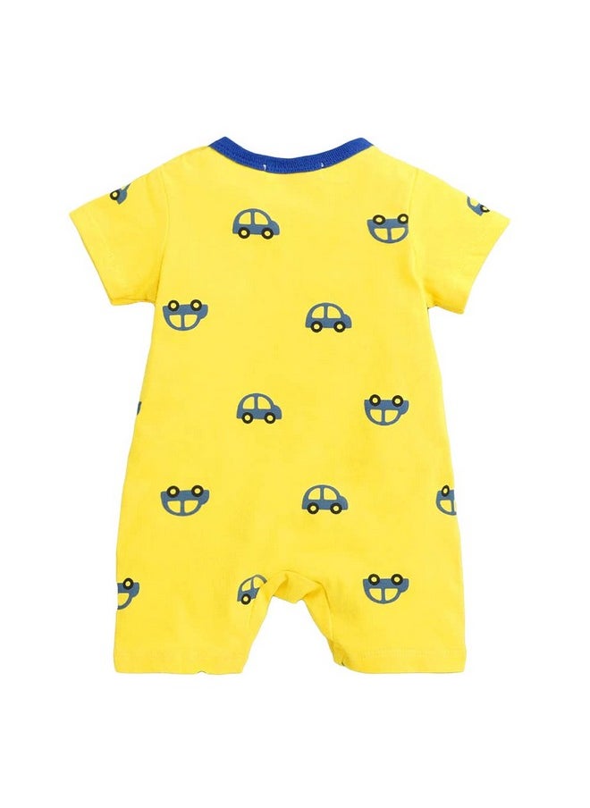 Hopscotch Unisex Vehicle Print Romper In Yellow Color for Ages 6-9 Months