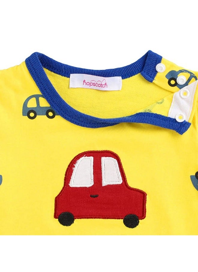 Hopscotch Unisex Vehicle Print Romper In Yellow Color for Ages 6-9 Months