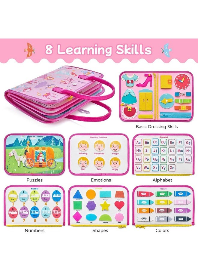 KolorFish Busy Board Quiet Book Sensory Travel Toys for Toddlers 1 2 3 4, Montessori Toys for Toddler Activities Board, Educational Toy Gift for Girls and Boys (Pink Princess)