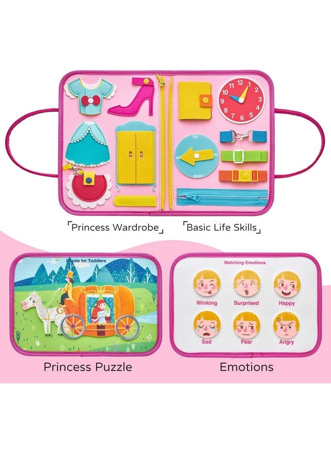 KolorFish Busy Board Quiet Book Sensory Travel Toys for Toddlers 1 2 3 4, Montessori Toys for Toddler Activities Board, Educational Toy Gift for Girls and Boys (Pink Princess)