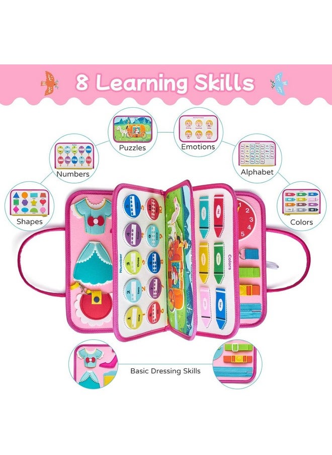 KolorFish Busy Board Quiet Book Sensory Travel Toys for Toddlers 1 2 3 4, Montessori Toys for Toddler Activities Board, Educational Toy Gift for Girls and Boys (Pink Princess)