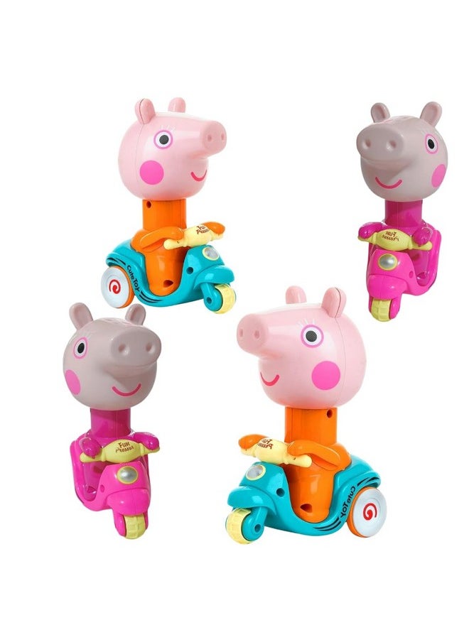 PLUSPOINT Unbreakable 4 pc Peppa Pig Design Cartoon Toy Press and Go, Pull Along Friction Toy Pressure Friction Toddler Scooter Toy for Kids, Baby Boy & Girl Pack of 4