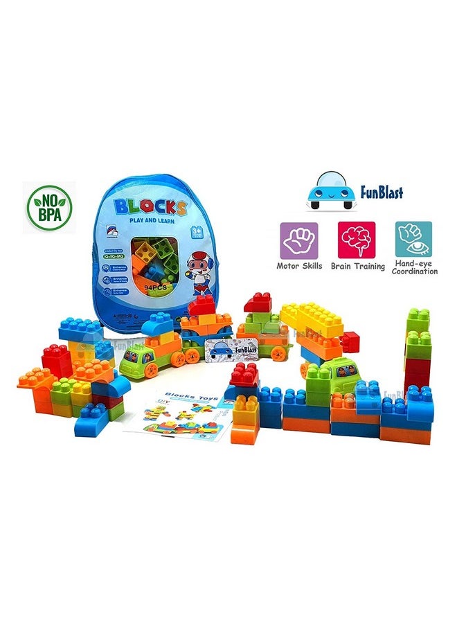 FunBlast Building Blocks for Kids with Wheel, Block Bricks Toys for Kids, Best Gift Toy for Girls, Boys - Block Game for 3+ Years Kids, Boys, Children - Multicolor (78 Pcs & 16 Wheels)