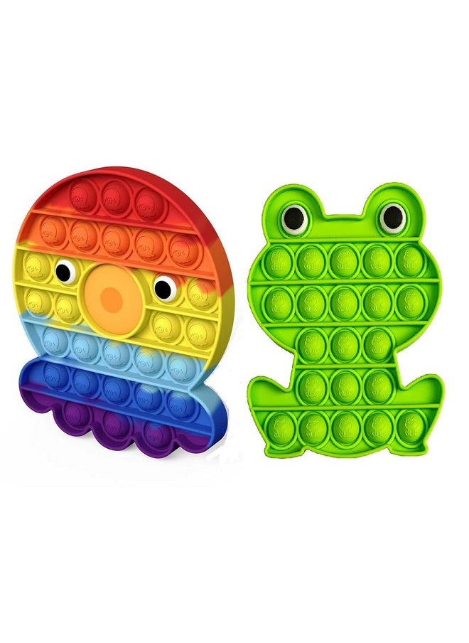 WISHKEY Silicone Set of 2 Cute Frog & Octopus Shaped Printed Colorful Push Pop It Bubble Sensory Fidget Stress Relief Anti-Anxiety Relaxing Toy for Kids and Adults(Pack of 2, Multicolor)