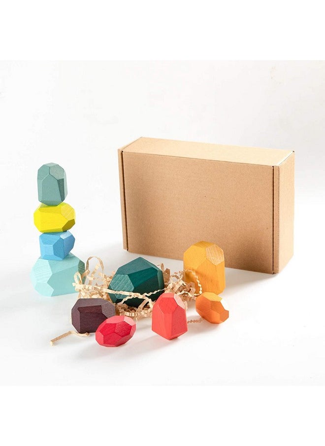 Baybee 10 Pcs Wooden Rainbow Stone Stacking Balancing Blocks for Kids Toys, Wooden Toy Building Blocks Stacking Game for Children, Learning Educational Baby Toys Blocks for Kids 3+Years Boys Girls