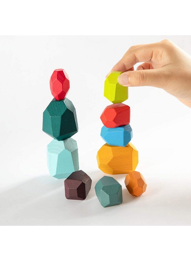 Baybee 10 Pcs Wooden Rainbow Stone Stacking Balancing Blocks for Kids Toys, Wooden Toy Building Blocks Stacking Game for Children, Learning Educational Baby Toys Blocks for Kids 3+Years Boys Girls