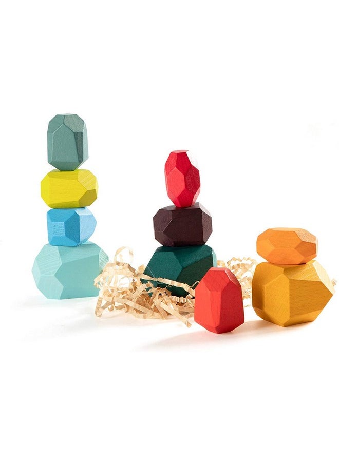 Baybee 10 Pcs Wooden Rainbow Stone Stacking Balancing Blocks for Kids Toys, Wooden Toy Building Blocks Stacking Game for Children, Learning Educational Baby Toys Blocks for Kids 3+Years Boys Girls
