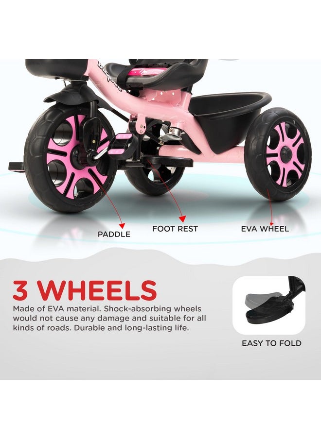 Baybee Baby Tricycle for Kids, Smart Plug & Play Kids Cycle with Eva Wheels, Bell, Storage Baskets & High Backrest | Kids Tricycle Trike | Baby Cycle for Kids 2 to 5 Years Boy Girl (Trixg Pro Pink)