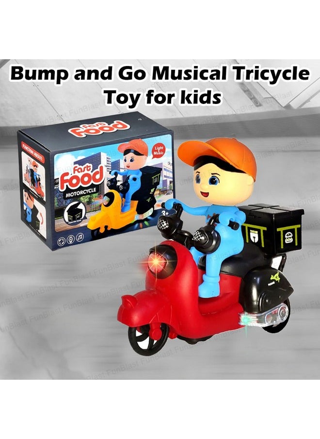 FunBlast Bump and Go Tricycle Toys for Kids, Food Delivery Motor Cycle Toys for Kids, Toy Vehicles for Kids with Light and Sound for 3+ Year Old Kids (Multicolor)