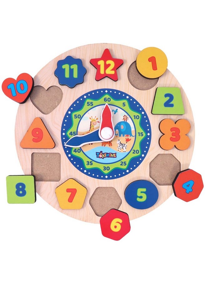 Toyshine Wooden Learning Clock, Educational Digital Analog Numbers, Shape & Color Learning Montessori Toy for Kids- Multi Color