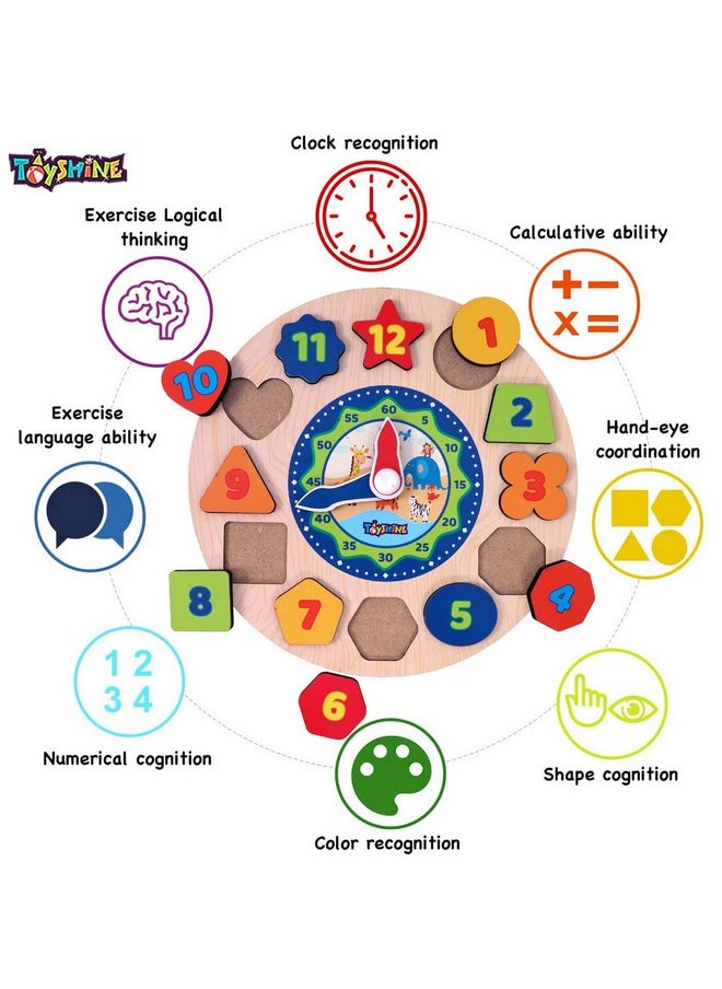 Toyshine Wooden Learning Clock, Educational Digital Analog Numbers, Shape & Color Learning Montessori Toy for Kids- Multi Color