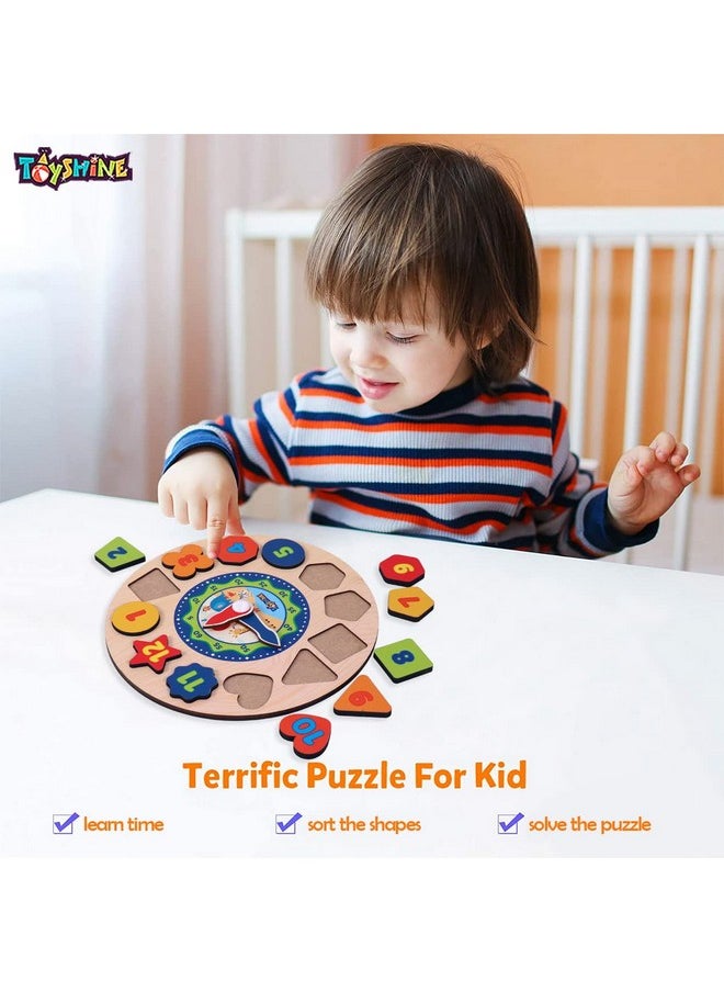 Toyshine Wooden Learning Clock, Educational Digital Analog Numbers, Shape & Color Learning Montessori Toy for Kids- Multi Color