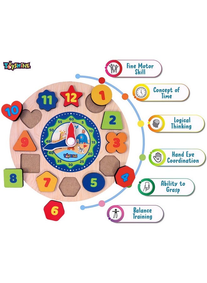 Toyshine Wooden Learning Clock, Educational Digital Analog Numbers, Shape & Color Learning Montessori Toy for Kids- Multi Color