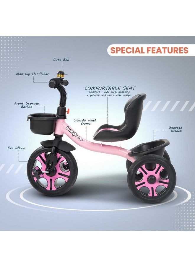 Baybee Baby Tricycle for Kids, Smart Plug & Play Kids Cycle with Eva Wheels, Bell, Storage Baskets & High Backrest | Kids Tricycle Trike | Baby Cycle for Kids 2 to 5 Years Boy Girl (TRIXG Pink)