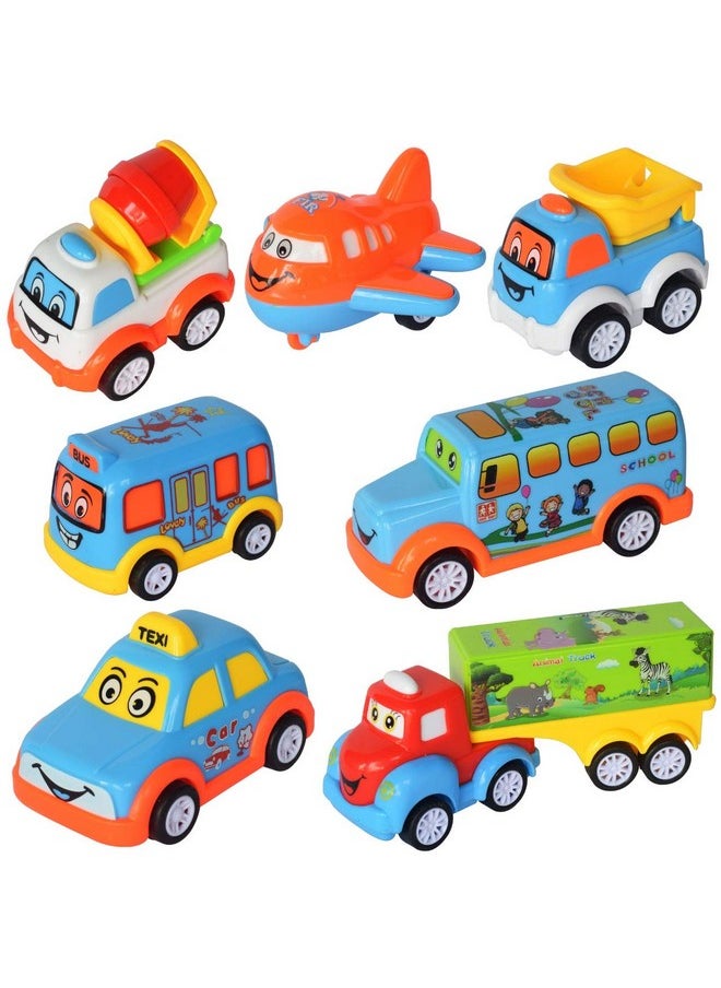 WISHKEY Plastic Power Friction Pull Back, Push and Go Car, Cute Crawling Miniature Vehicle Toy for Toddler Kids 3 Years & Above (Pack of 7, Multicolor)