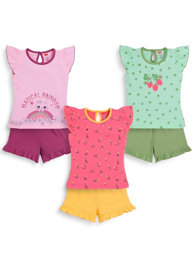LuvLap Baby Girls Pack Of 3 Half Sleeve Top & Shorts Set 100% Cotton, L (6 to 12 Months)