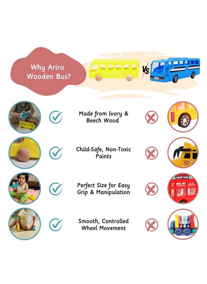 Ariro Wooden Bus Toy for Toddlers and Infants | Push and Pull Wooden Toy with Smooth Wheels | Perfect for 6M-3Y | Builds Hand-Eye Coordination, Problem Solving & Motor Skills