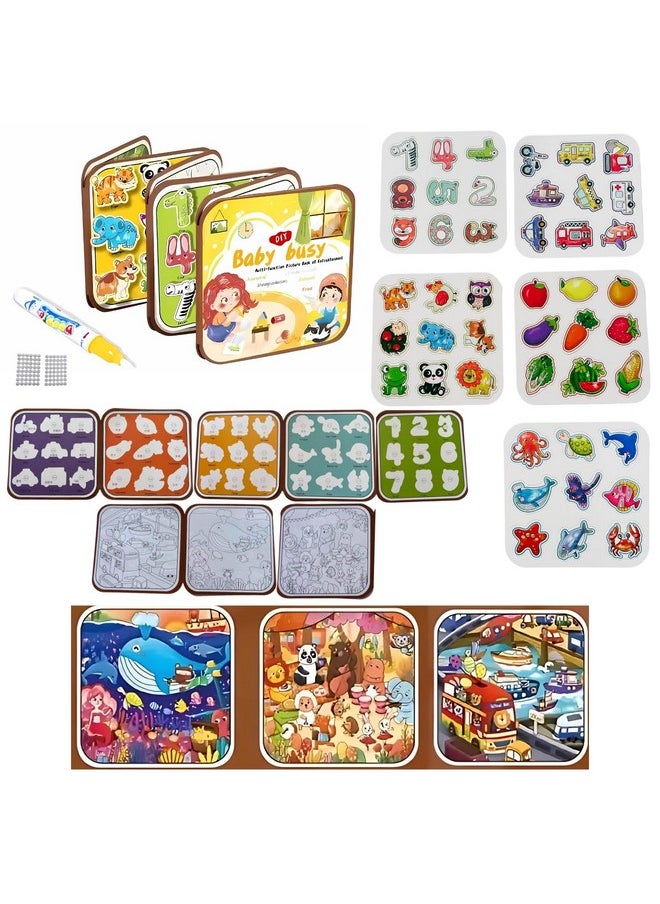 PLUSPOINT All-in-1 Busy Book for Kids Toddlers Reusable Water Painting Books, Busy Book Sensory Toys, Kids Learning Educational Toy Travel Activities 1 2 3 4 Year Old Birthday Gifts for Kids