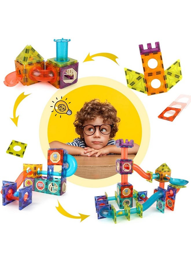 PLUSPOINT Marble Run Set, 49 Pcs Magnetic Tiles 3D Building Blocks STEM Learning Toys, Magnetic Race Track Play Set Magnet Construction Toys for Boys Girls Ages 3+ (49pc LED Marble Run)