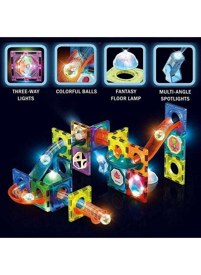 PLUSPOINT Marble Run Set, 49 Pcs Magnetic Tiles 3D Building Blocks STEM Learning Toys, Magnetic Race Track Play Set Magnet Construction Toys for Boys Girls Ages 3+ (49pc LED Marble Run)