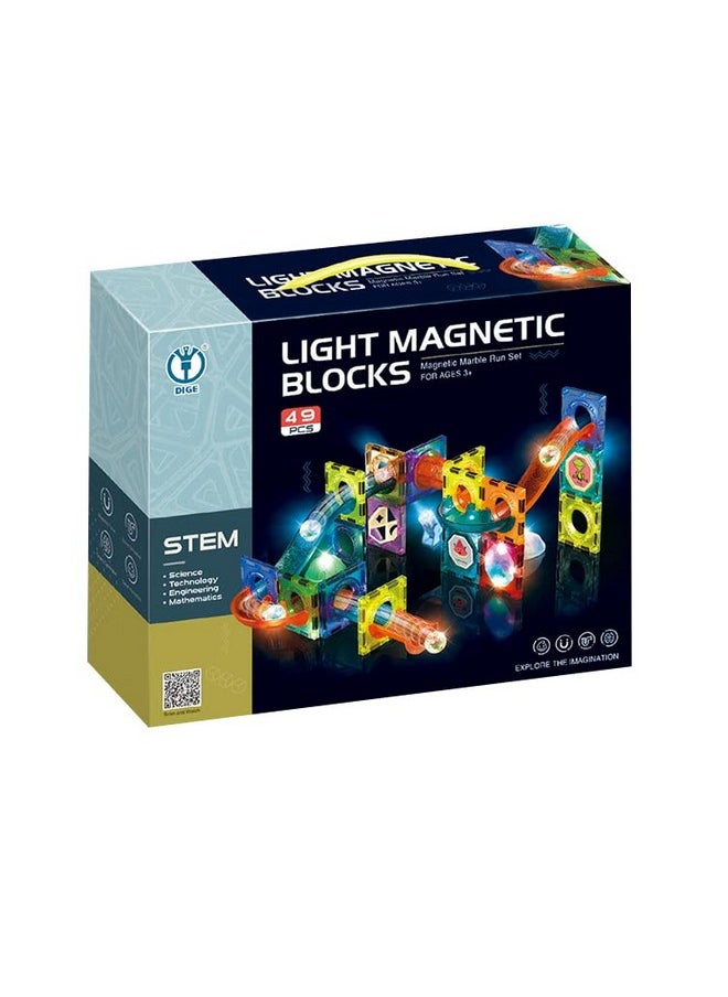 PLUSPOINT Marble Run Set, 49 Pcs Magnetic Tiles 3D Building Blocks STEM Learning Toys, Magnetic Race Track Play Set Magnet Construction Toys for Boys Girls Ages 3+ (49pc LED Marble Run)