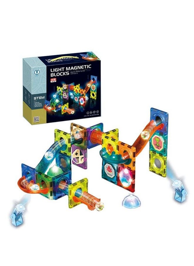 PLUSPOINT Marble Run Set, 49 Pcs Magnetic Tiles 3D Building Blocks STEM Learning Toys, Magnetic Race Track Play Set Magnet Construction Toys for Boys Girls Ages 3+ (49pc LED Marble Run)