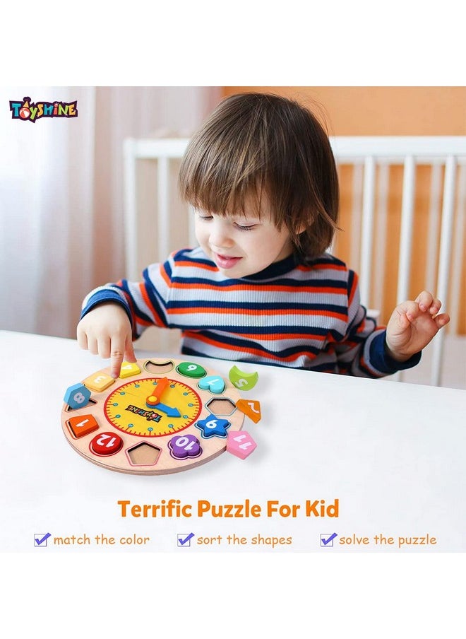 Toyshine Wooden Premium Learning Clock, Educational Digital Analog Numbers, Shape & Color Learning Montessori Toy for Kids- Multi Color