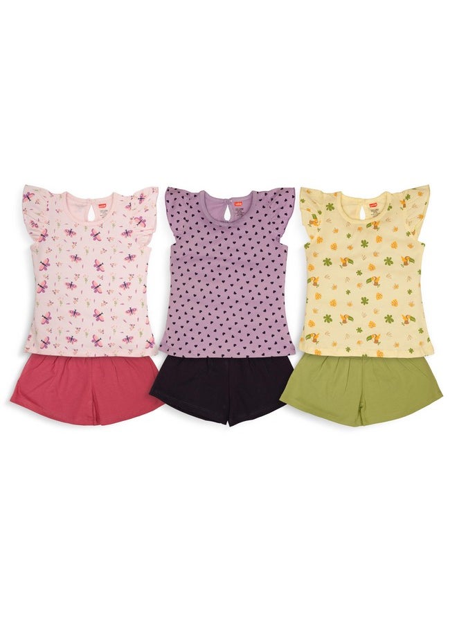 LuvLap Baby Girls Pack Of 3 Half Sleeve Top & Shorts Set 100% Cotton, M (3 to 6 Months)