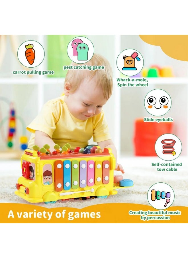 PLUSPOINT School Bus Activity Toy for Kids Multifunctional Pull-Along Bus with Gears, Teaching Clock, Fishing Game Color Matching Shape Puzzles Whack-a-mole Toddler Musical Toy for 1-5 yrs
