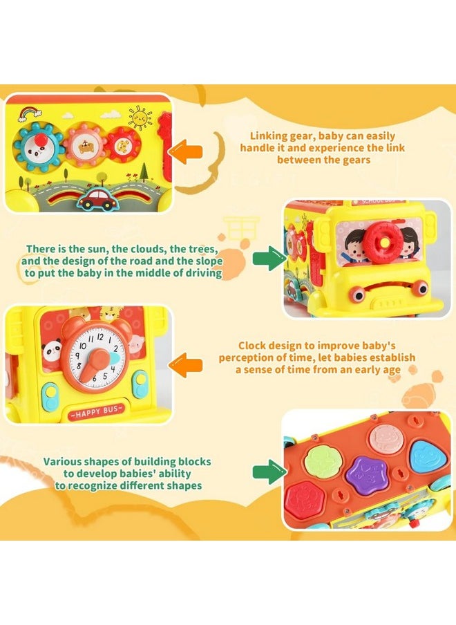 PLUSPOINT School Bus Activity Toy for Kids Multifunctional Pull-Along Bus with Gears, Teaching Clock, Fishing Game Color Matching Shape Puzzles Whack-a-mole Toddler Musical Toy for 1-5 yrs