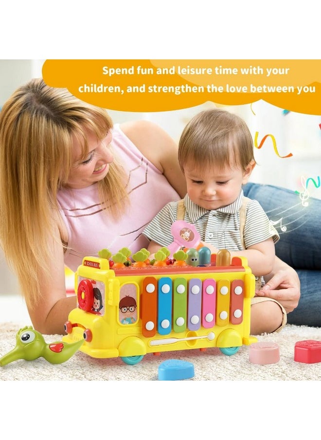 PLUSPOINT School Bus Activity Toy for Kids Multifunctional Pull-Along Bus with Gears, Teaching Clock, Fishing Game Color Matching Shape Puzzles Whack-a-mole Toddler Musical Toy for 1-5 yrs