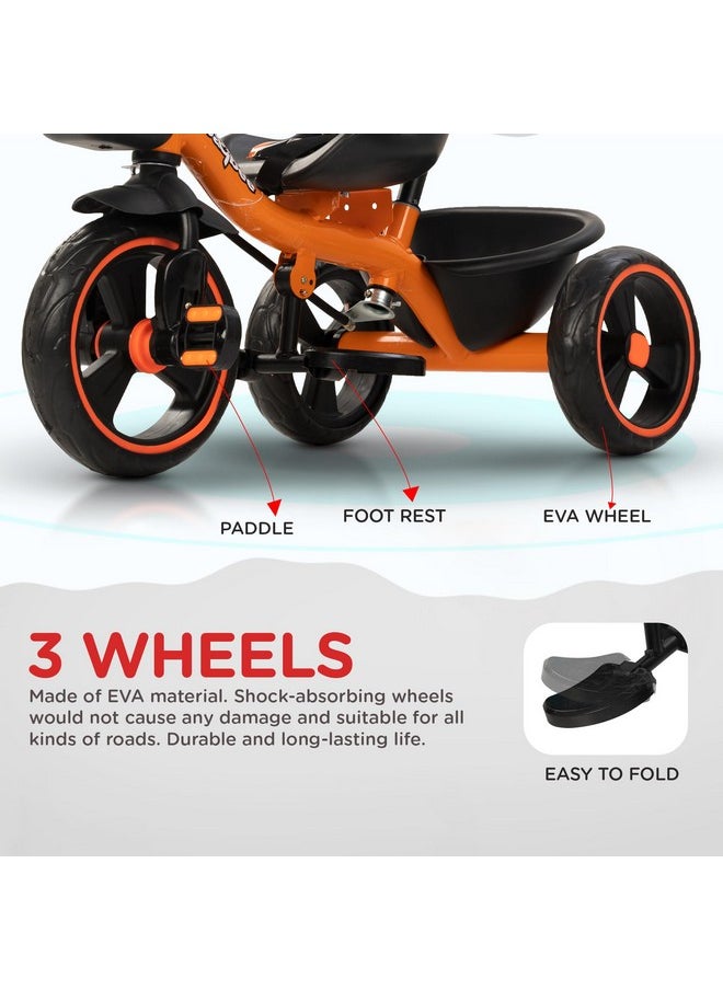 Baybee Baby Tricycle for Kids, Smart Plug & Play Kids Cycle with Eva Wheels, Bell, Storage Baskets & High Backrest | Kids Tricycle Trike | Baby Cycle for Kids 2 to 5 Years Boy Girl (Trixg Pro Orange)