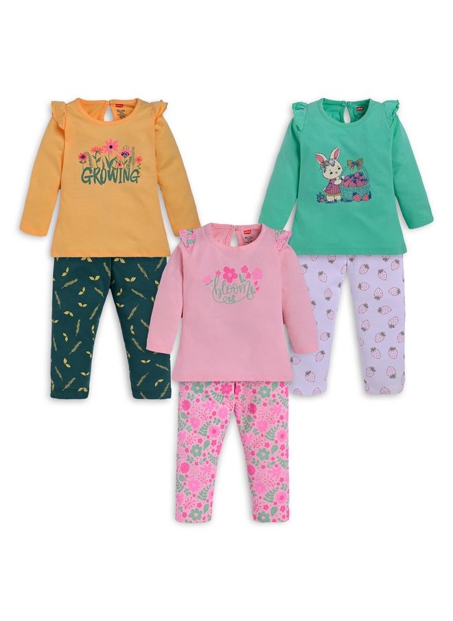 Luvlap Baby Girls Pack Of 3 Full Sleeve Top & Pyjama Set 100% Cotton, M (3 to 6 Months)