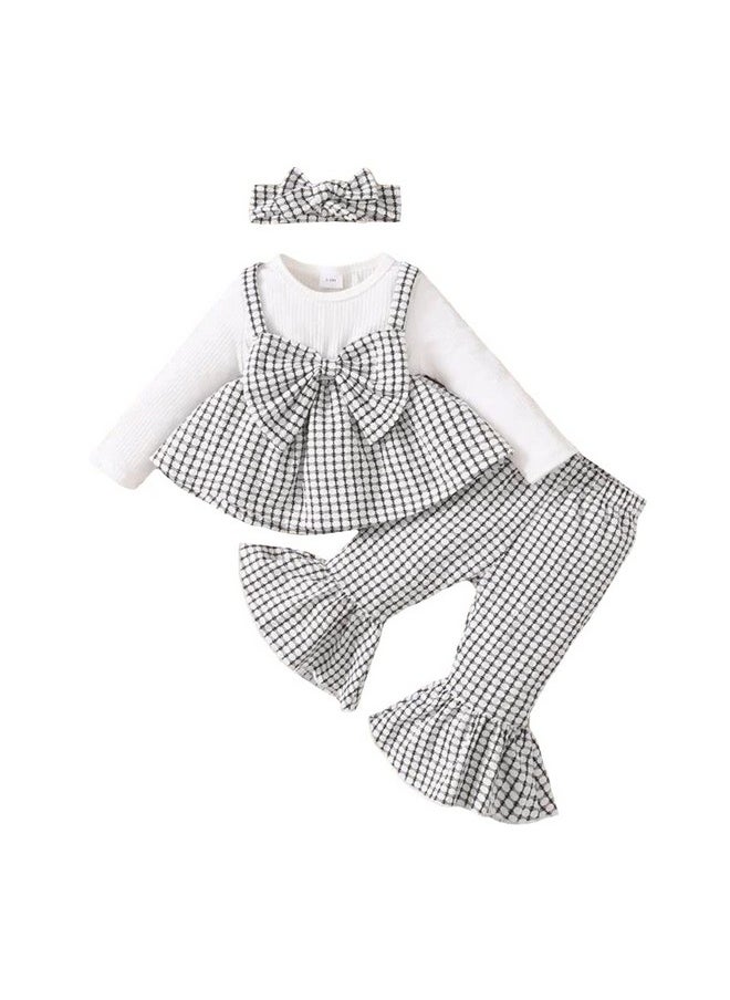 Hopscotch Girls Check Print Top Pant Set with Headband In White Color for Ages 9-12 Months