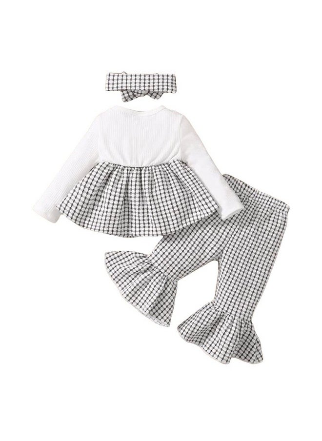 Hopscotch Girls Check Print Top Pant Set with Headband In White Color for Ages 9-12 Months